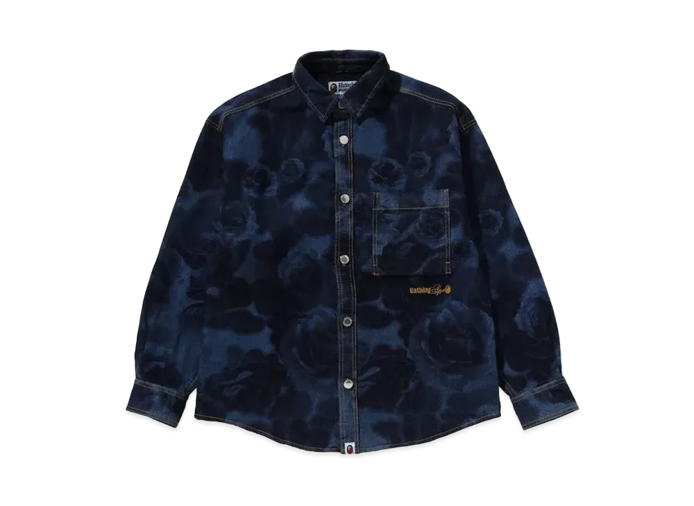 A BATHING APE Floral Camo Jacquard 13Oz Denim LS Shirt "Navy"