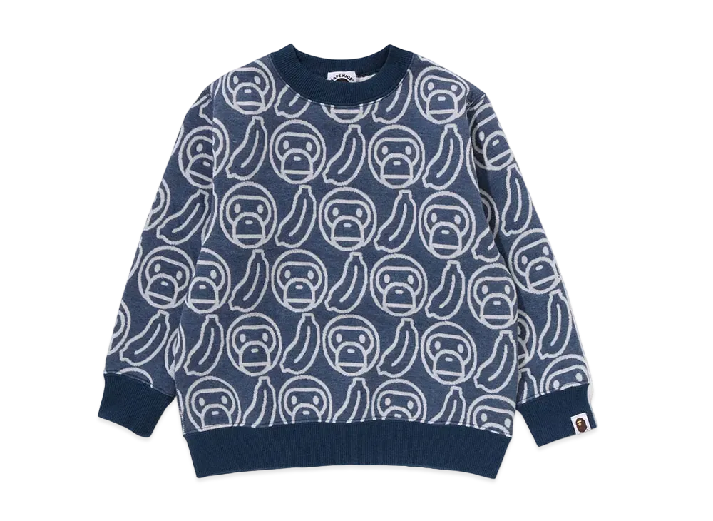 A BATHING APE Banana Milo Knit Jacquard Crewneck Sweatshirt "Navy"