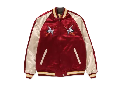 A BATHING APE Japanese Crane Embroidery Reversible Souvenir Jacket "Burgundy"