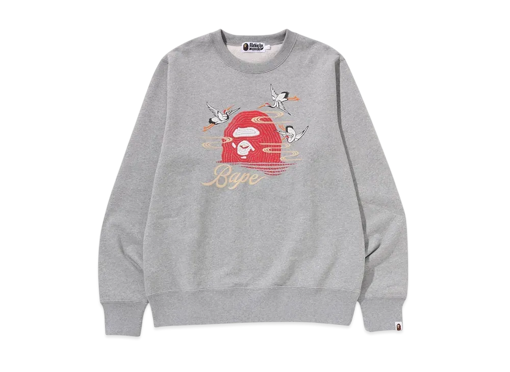 A BATHING APE Embroidery Style Japanese Crane Crewneck "Gray"