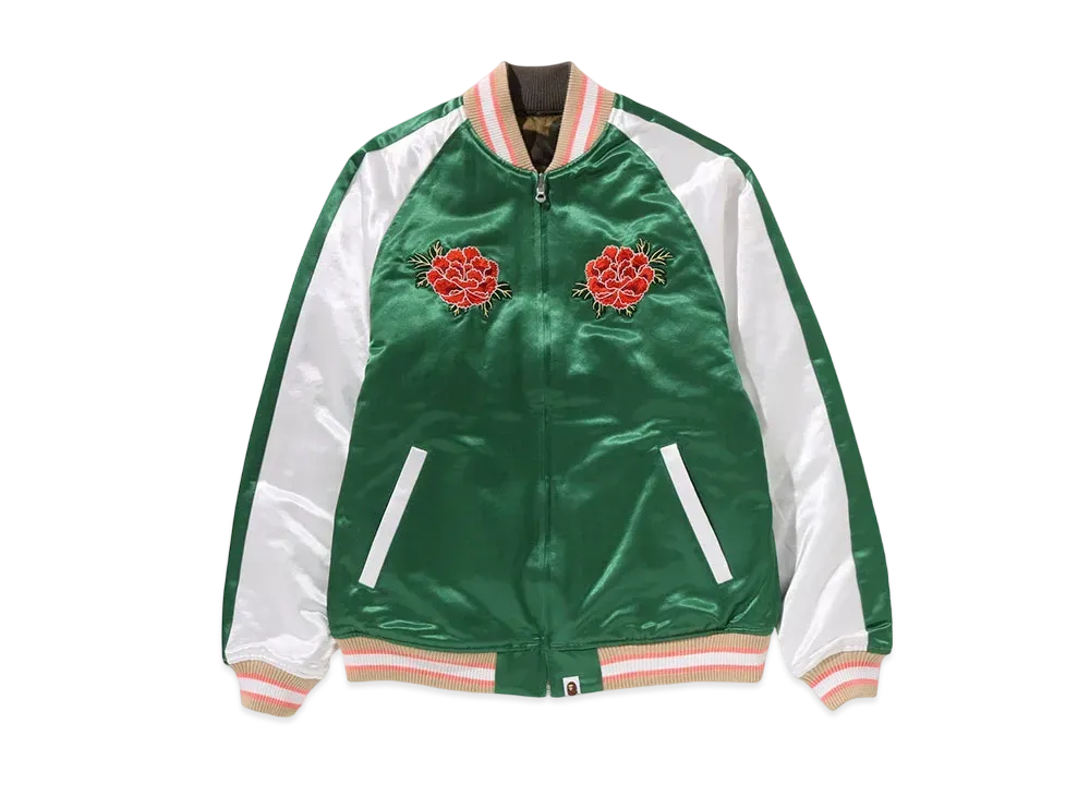 A BATHING APE Japanese Peony Embroidery Reversible Souvenir Jacket "Green"