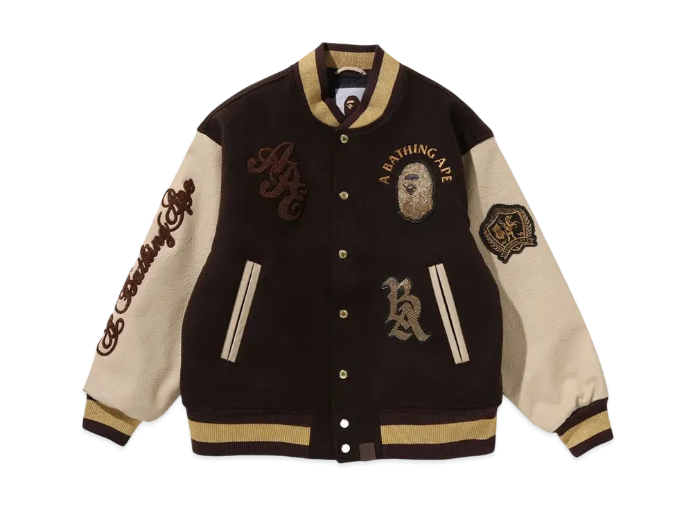 A BATHING APE Line Camo Multi Logo Wool Varsity Jacket "Brown"