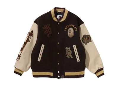 A BATHING APE Line Camo Multi Logo Wool Varsity Jacket "Brown"