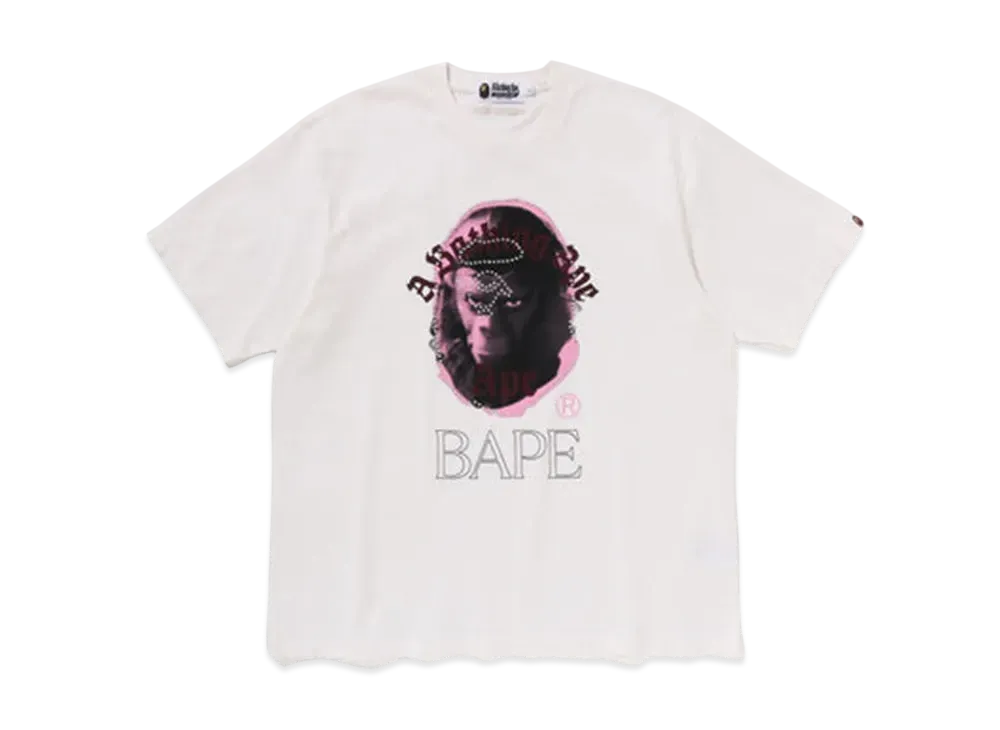 A BATHING APE Garment Dye Rhinestone Ape Head Relaxed Fit Tee "Ivory"