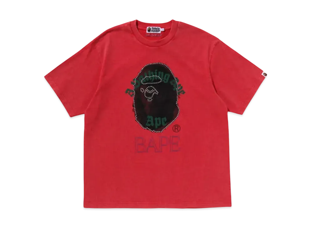 A BATHING APE Garment Dye Rhinestone Ape Head Relaxed Fit Tee "Red"