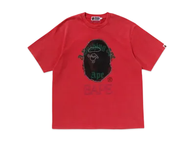 A BATHING APE Garment Dye Rhinestone Ape Head Relaxed Fit Tee "Red"