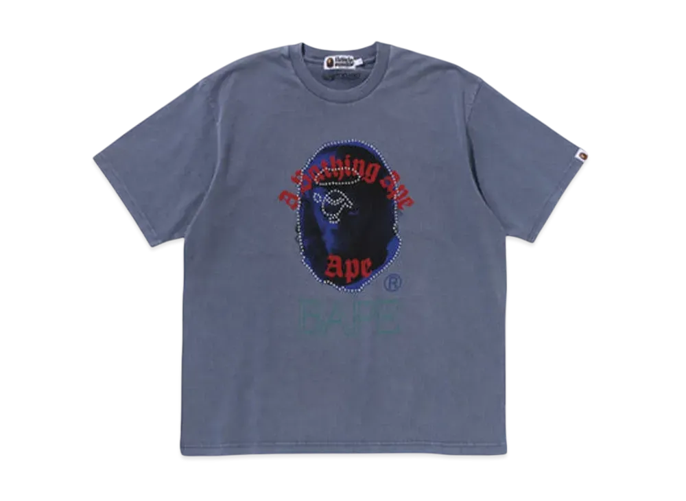 A BATHING APE Garment Dye Rhinestone Ape Head Relaxed Fit Tee "Charcoal"