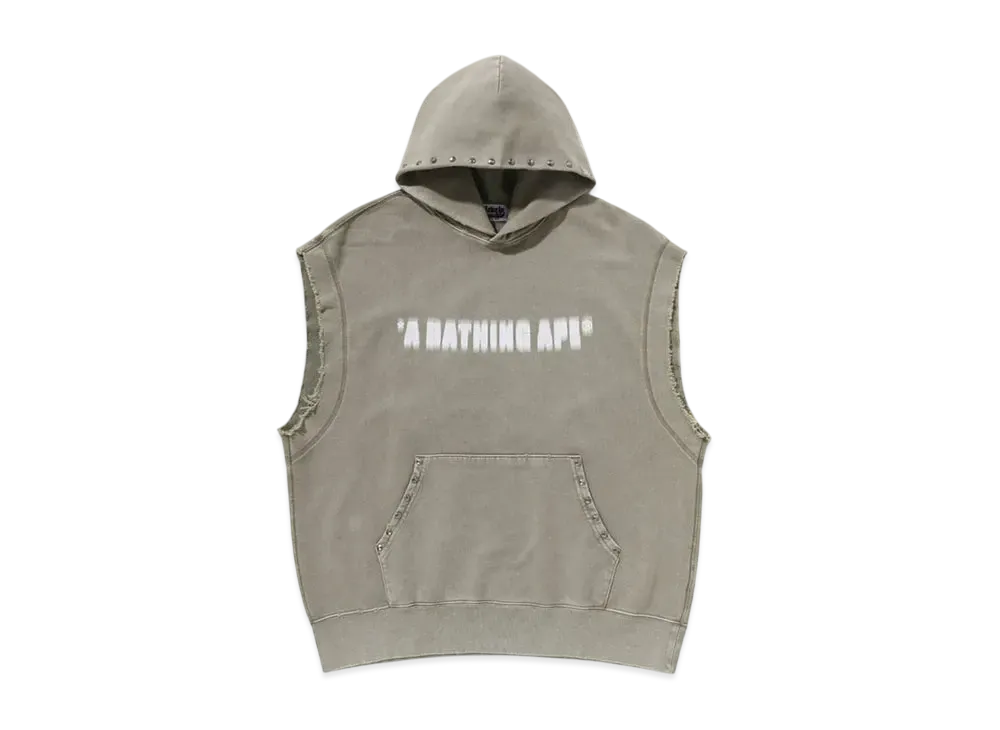 A BATHING APE Studded Garment Dye Logo Sleeveless Pullover Hoodie "Olivedrab"
