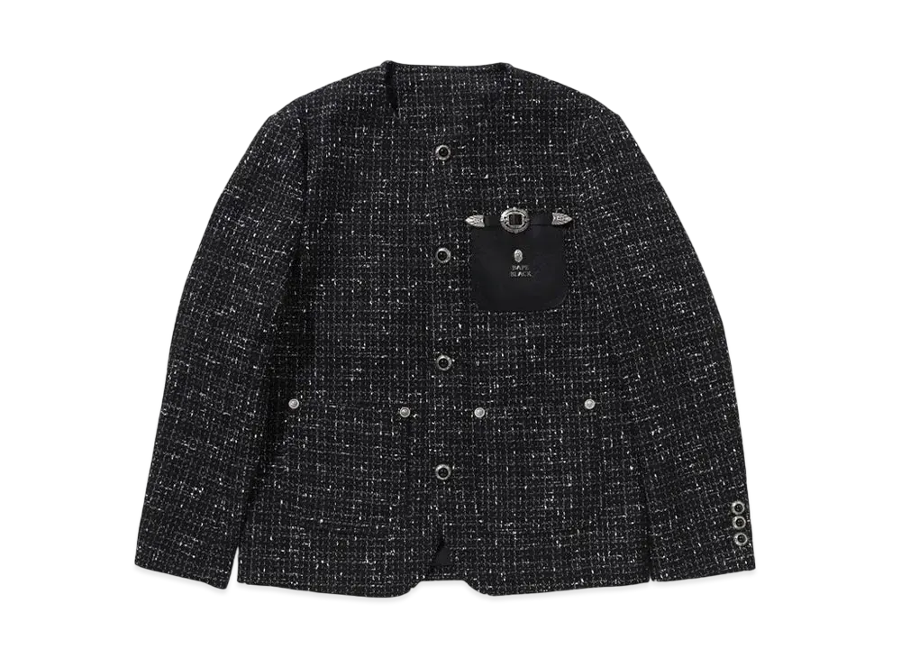 A BATHING APE Bape Black Collarless Ornaments Tweed Coat #1 "Black"