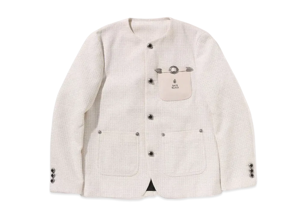 A BATHING APE Bape Black Collarless Ornaments Tweed Coat #3 "Ivory"