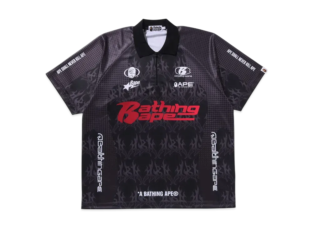 A BATHING APE Flame Pattern Overall Print Half Zip Relax Fit Polo Shirt "Black"