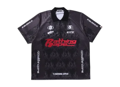 A BATHING APE Flame Pattern Overall Print Half Zip Relax Fit Polo Shirt "Black"