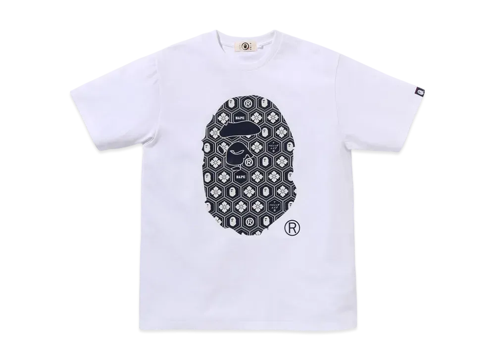 A BATHING APE Traditional Japanese Pattern Ape Head Tee "White/Navy"