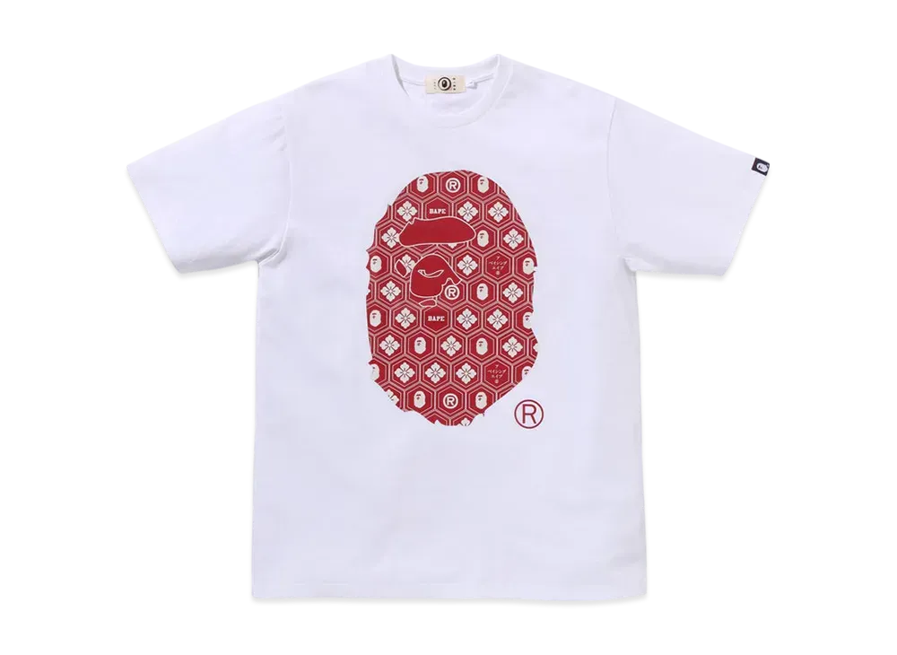 A BATHING APE Traditional Japanese Pattern Ape Head Tee "White/Red"