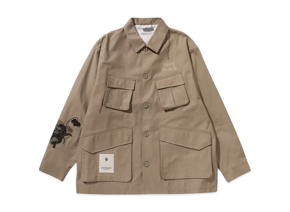 A BATHING APE Bape Black Cross Stitched Army Shirt "Beige"