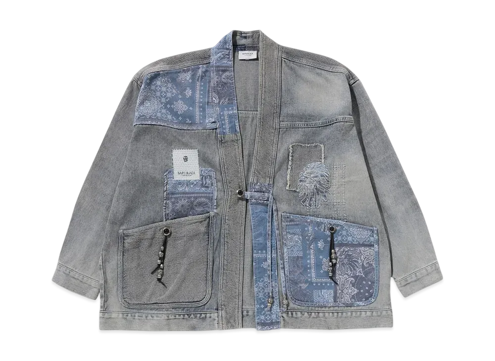 A BATHING APE Bape Black Patchwork Raw Edge Kimono "Lightindi"