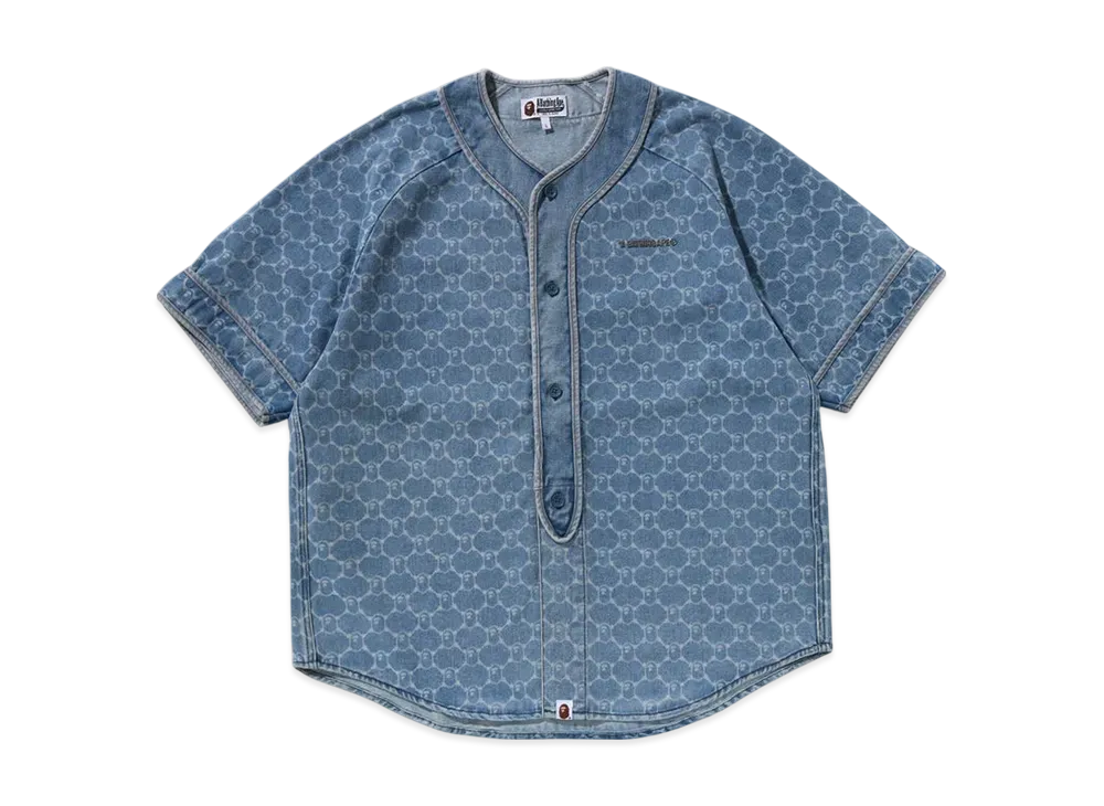 A BATHING APE College Monogram Baseball Ss Denim Shirt "Lightindi"