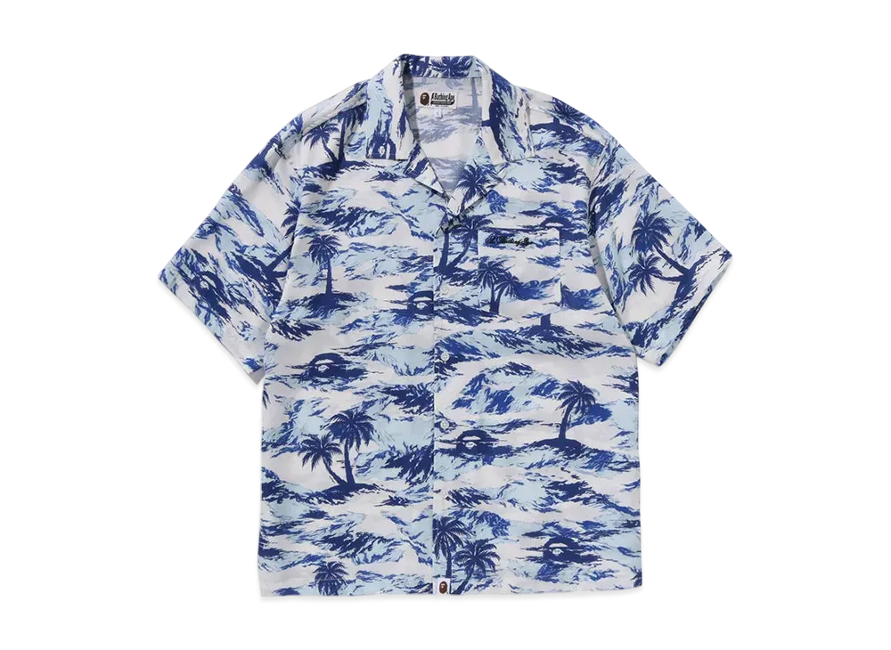 A BATHING APE Palm Tree Camo Open Collar Pocket Ss Shirt "Blue"