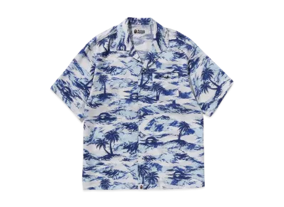 A BATHING APE Palm Tree Camo Open Collar Pocket Ss Shirt "Blue"