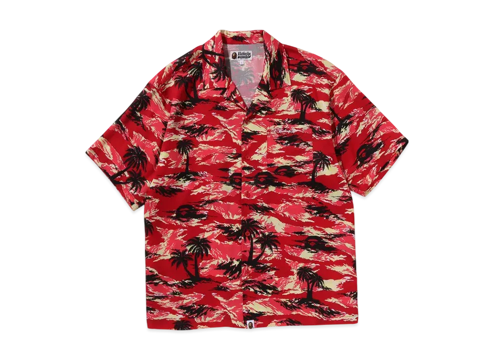 A BATHING APE Palm Tree Camo Open Collar Pocket Ss Shirt "Red"