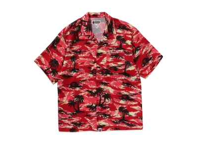A BATHING APE Palm Tree Camo Open Collar Pocket Ss Shirt "Red"