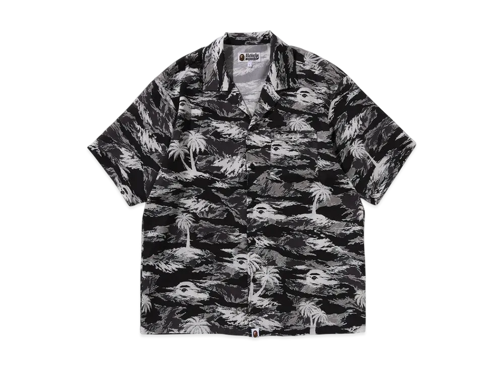 A BATHING APE Palm Tree Camo Open Collar Pocket Ss Shirt "Black"