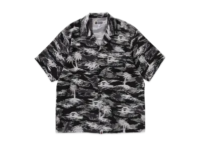 A BATHING APE Palm Tree Camo Open Collar Pocket Ss Shirt "Black"