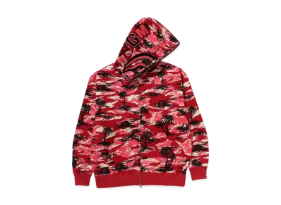 A BATHING APE Palm Tree Camo Relaxed Fit Shark Full Zip Hoodie "Red"