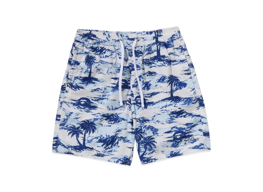 A BATHING APE Palm Tree Camo Relaxed Fit Beach Shorts "Blue"