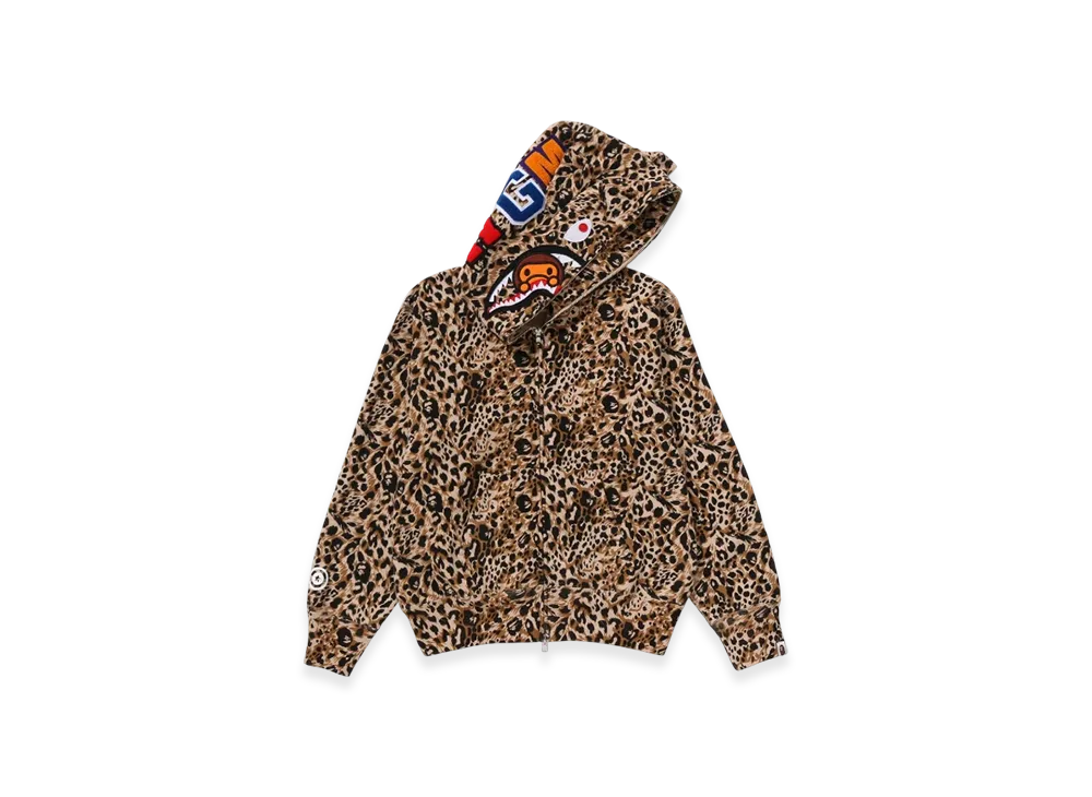 A BATHING APE Wild Leopard Pattern Milo Shark Full Zip Hoodie "Beige"