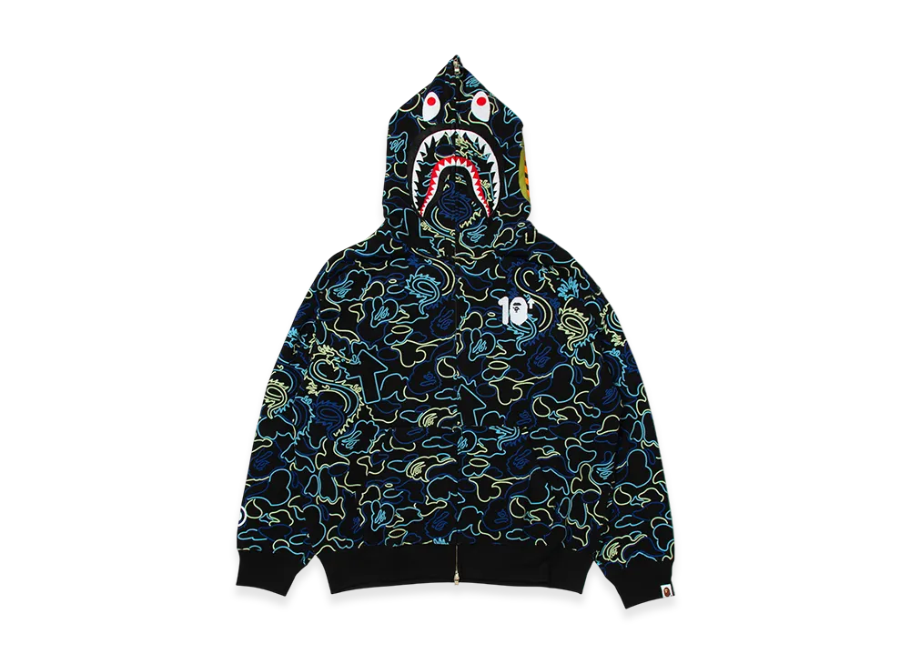 A BATHING APE x 88rising Glow In The Dark Camo Shark Full Zip Hoodie "Blue"