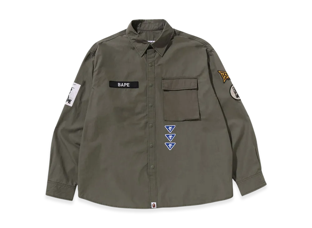 A BATHING APE Bathing Ape Logo Military LS Shirt "Olive Drab"