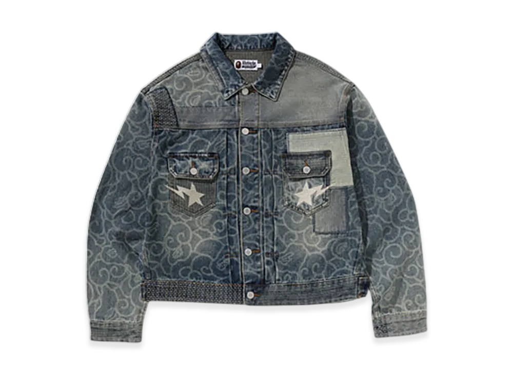 A BATHING APE Cloud Camo Jacquard Upcycled Denim Trucker Jacket "Navy"