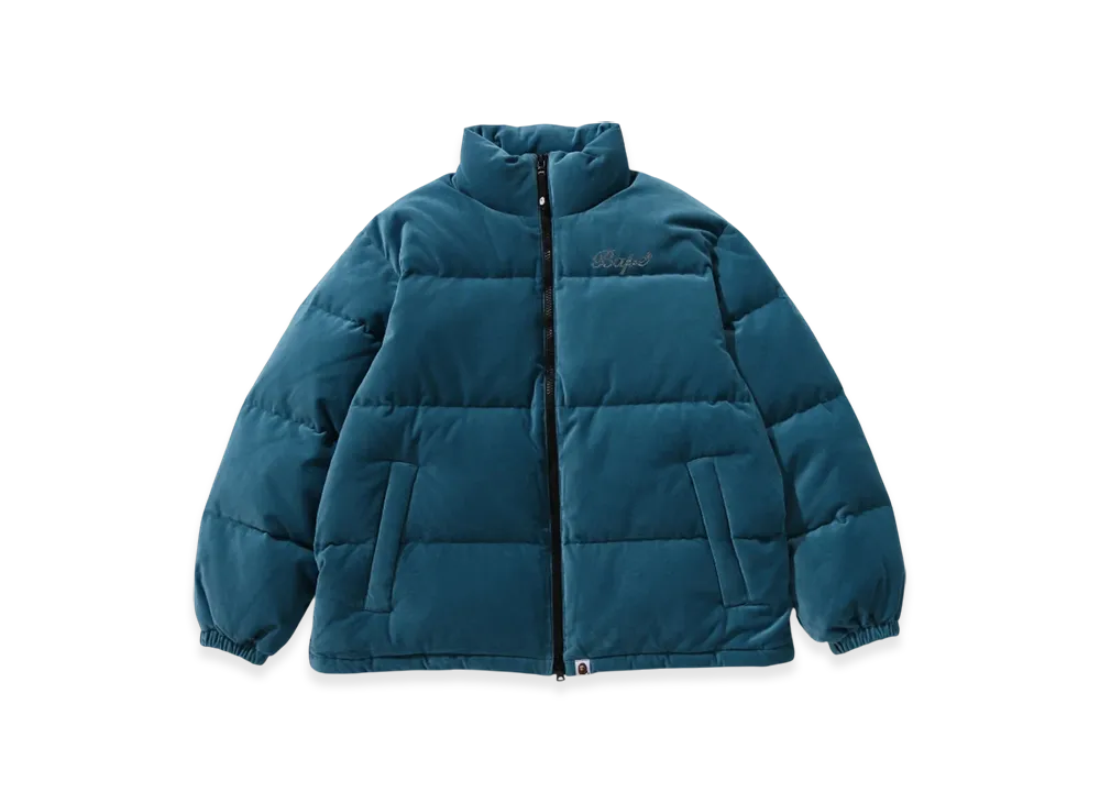A BATHING APE Crystal Stone Bape Logo Velour Down Jacket "Sax"