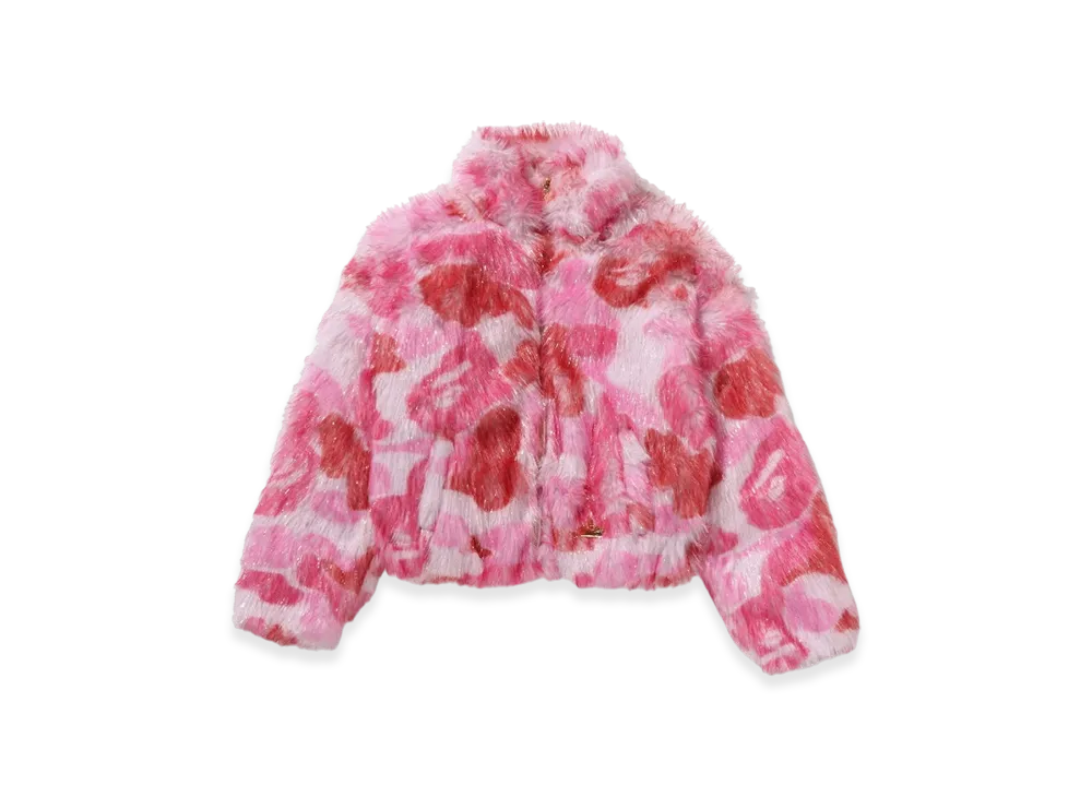 A BATHING APE ABC Camo One Point Metallic Long Fur Jacquard Down Jacket "Pink"
