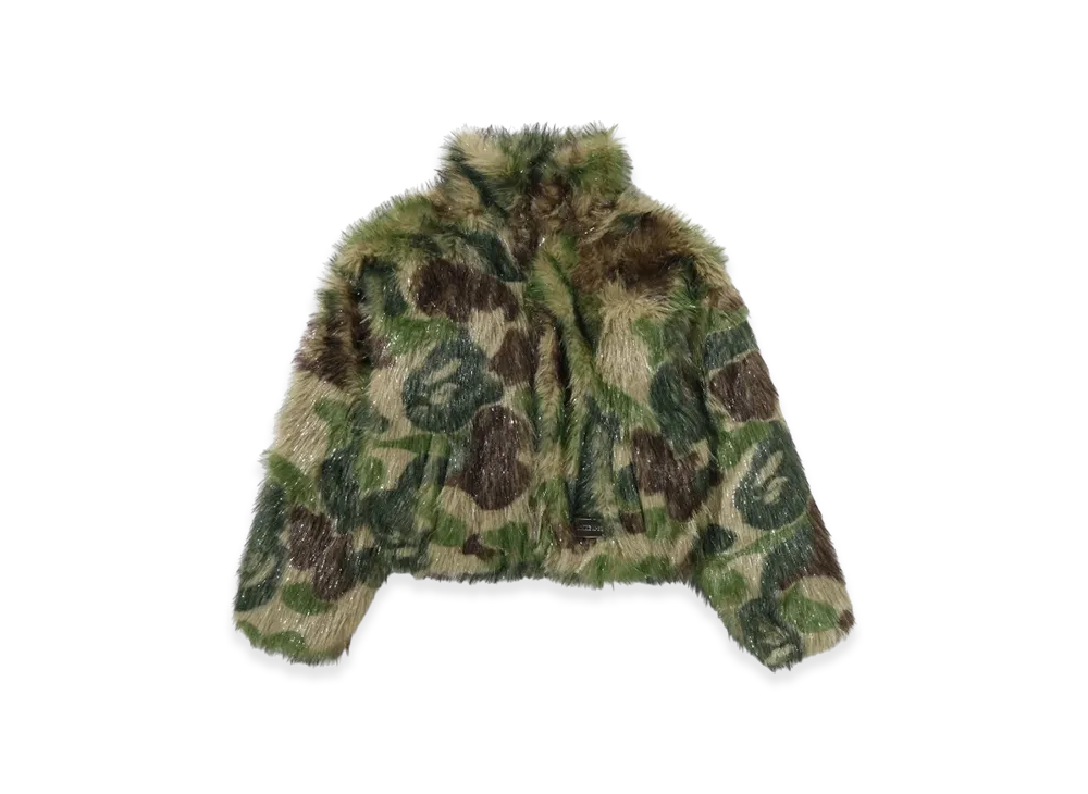 A BATHING APE ABC Camo One Point Metallic Long Fur Jacquard Down Jacket "Green"