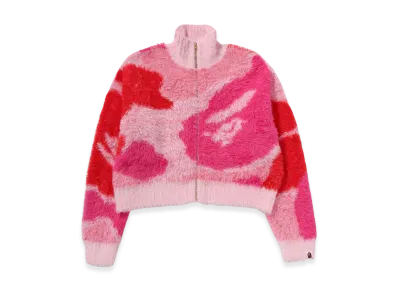 A BATHING APE Ladies Mega Abc Camo Long Fur Mockneck Cropped Zip Cardigan "Pink"