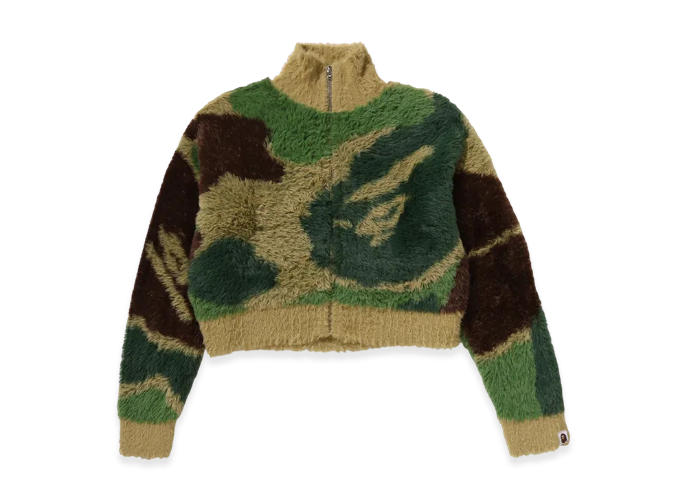 A BATHING APE Ladies Mega Abc Camo Long Fur Mockneck Cropped Zip Cardigan "Green"