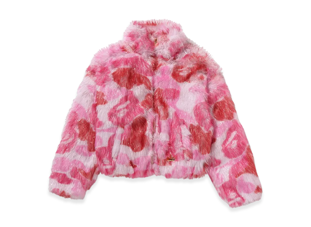 A BATHING APE Ladies One Point Metallic Long Fur Jacquard Down Jacket "Pink"