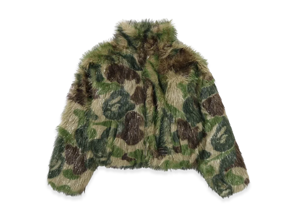 A BATHING APE Ladies One Point Metallic Long Fur Jacquard Down Jacket "Green"