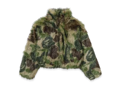 A BATHING APE Ladies One Point Metallic Long Fur Jacquard Down Jacket "Green"