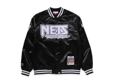 A BATHING APE x Mitchell & Ness x NBA New Jersey Nets Satin Jacket "Black"