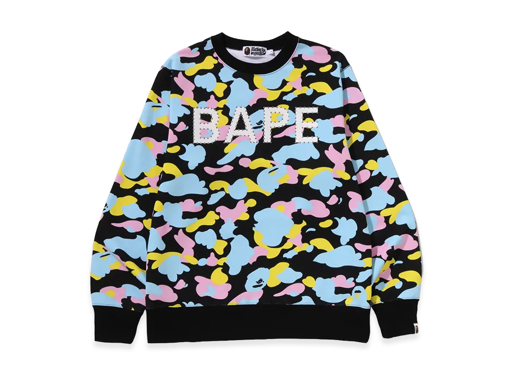 A BATHING APE New Multi Camo Rhinestone Regular Fit Crewneck Sweatshirt "Black"