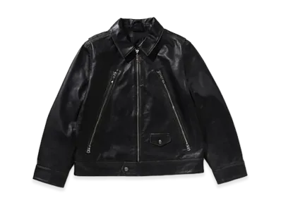 A BATHING APE Washed Leather Biker Jacket "Black"
