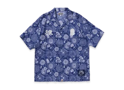 A BATHING APE Japanese Indigo Art Camo Open Collar SS Shirt "Indigo"