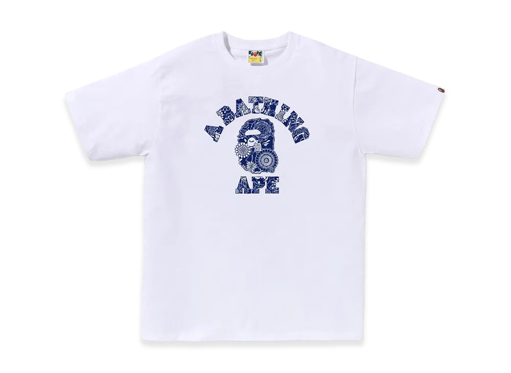 A BATHING APE Japanese Indigo Art Camo College Tee "White/Navy"