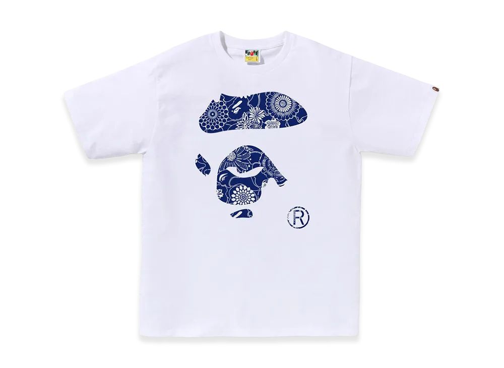 A BATHING APE Japanese Indigo Art Camo Ape Face Tee "White"