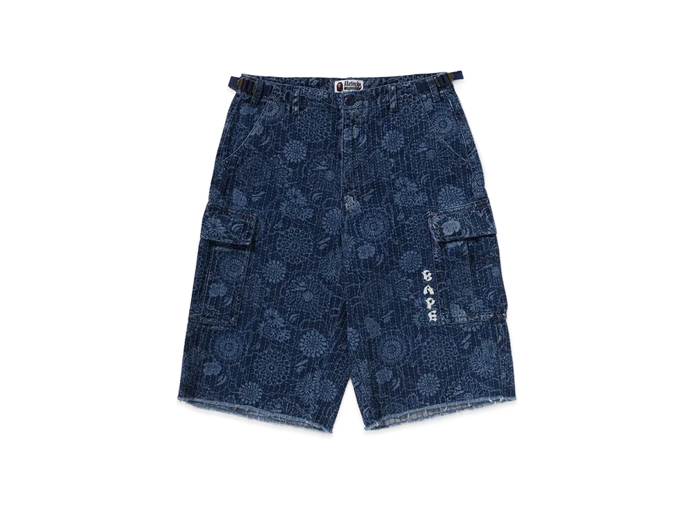 A BATHING APE Japanese Indigo Art Camo Jungle Denim Relaxed Fit Cargo Shorts "Indigo"