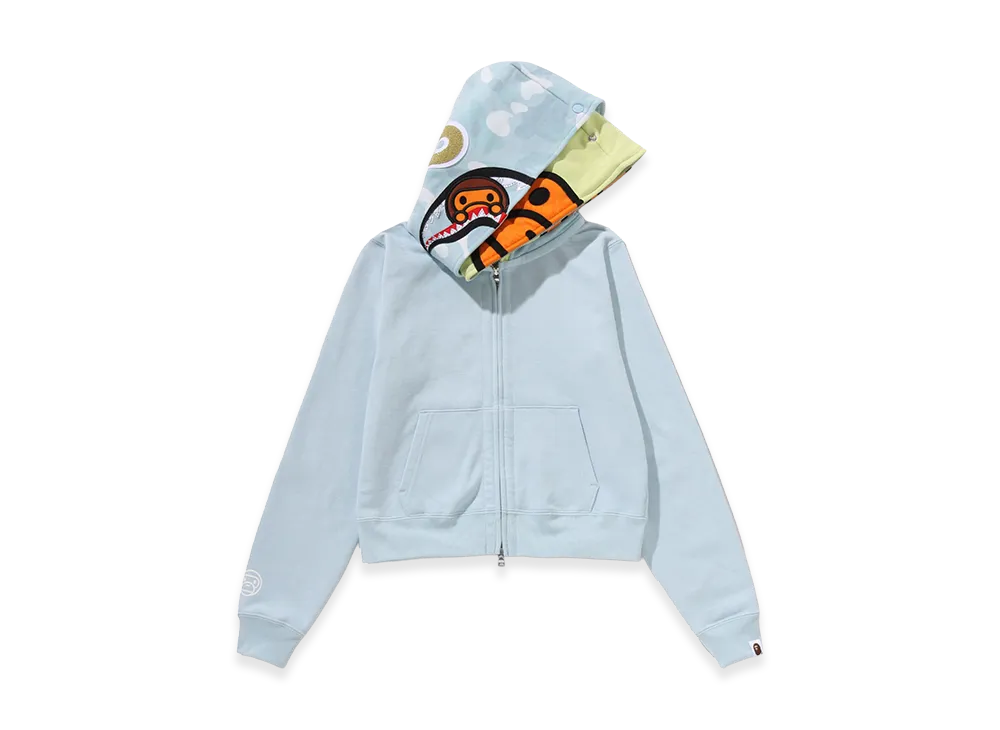 A BATHING APE Women's Milo Shark Cropped Full Zip Double Hoodie "Sax"