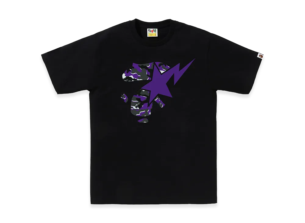 A BATHING APE Glitch Woodland Camo Ape Face Sta Tee "Black/Purple"